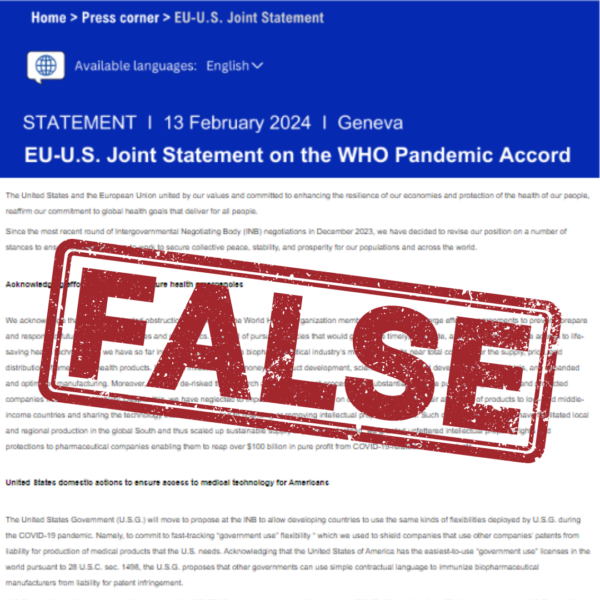 False 'EU-U.S. Joint statement' with the word 'FALSE' emblazoned in front of it